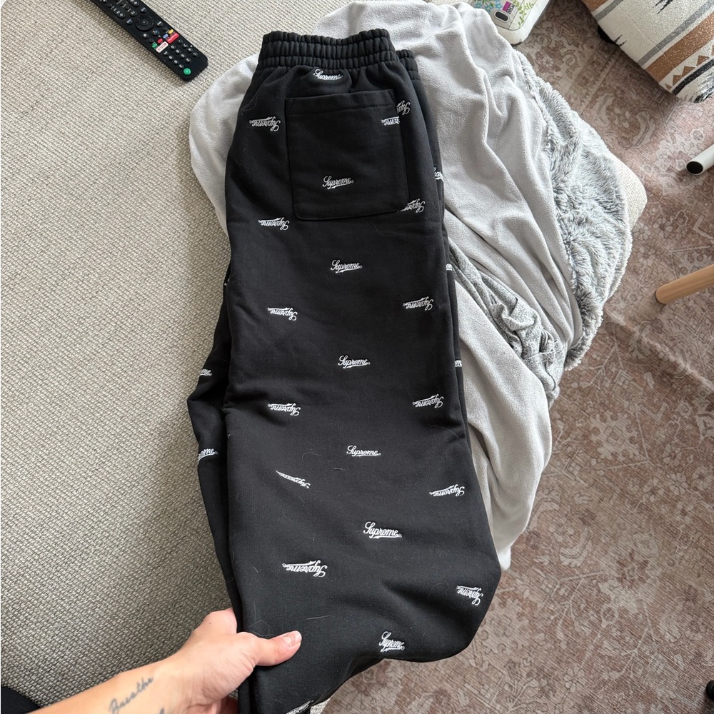 Supreme Black Sweatpants with White Script Logos - Picture 2 of 4